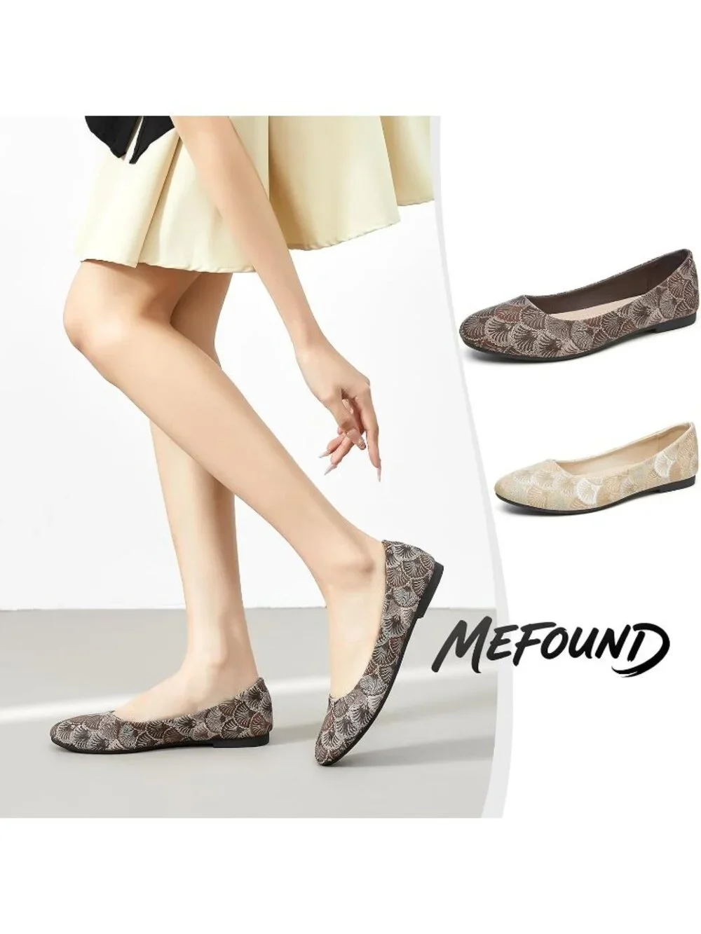 Women's Tan Pattern PU Leather Comfortable Ballet Flat Slip on Round Toe Shoes